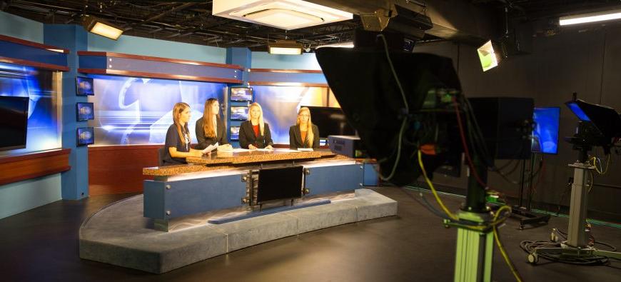 Some students recording at the QUTV studio